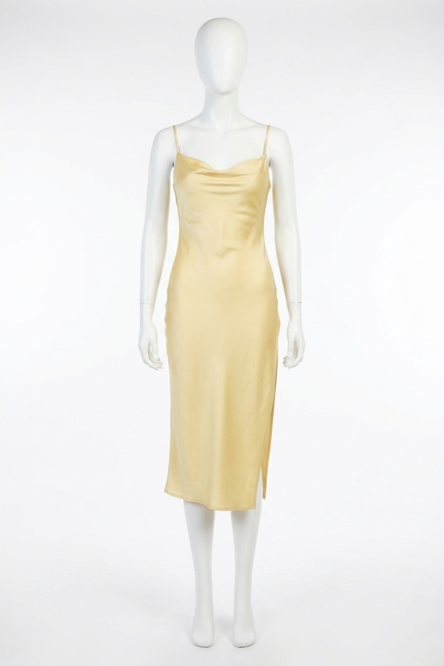 NEW ENDLESS BLU. cowl high-slit satin slip dress in light gold